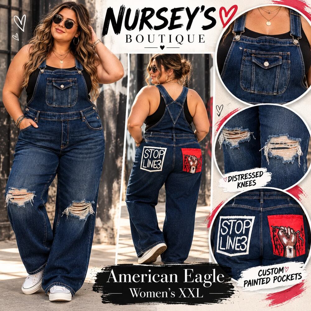American Eagle XXL Denim Overalls Distressed Patched Wide Leg Grunge Y2K